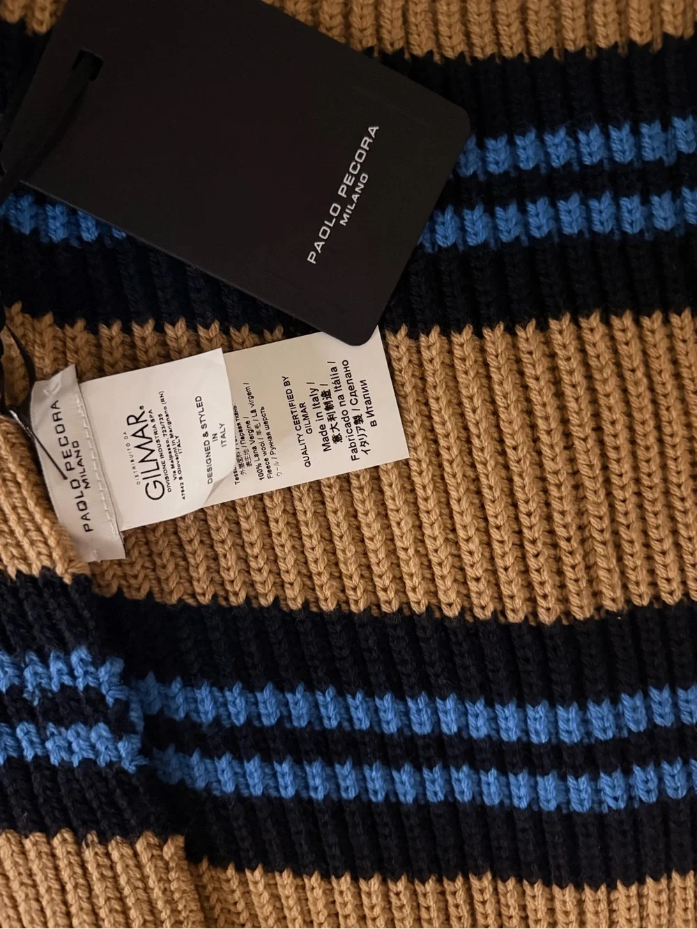 Paolo Pecora Striped Knit Scarf in Mustard, Black & Blue